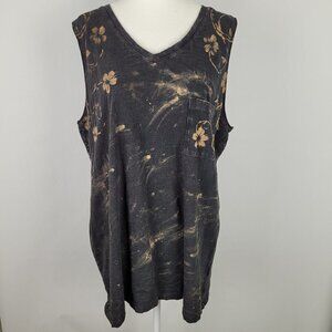 New Upcycled OOAK Black Bleach Reverse Dye Sleeveless V-neck Pocket Tee XL